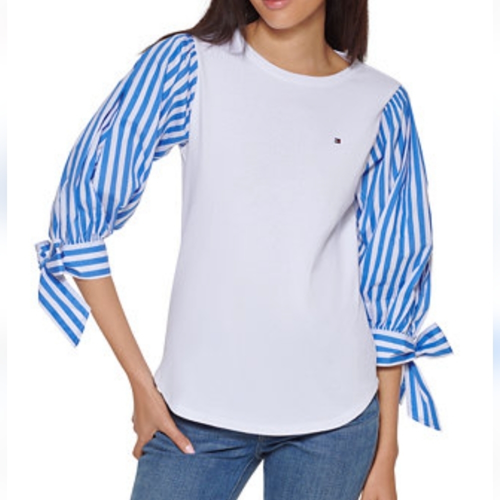 NEW TOMMY HILFIGER Cotton Mixed-Media Top, Size M, white, striped sleeves
